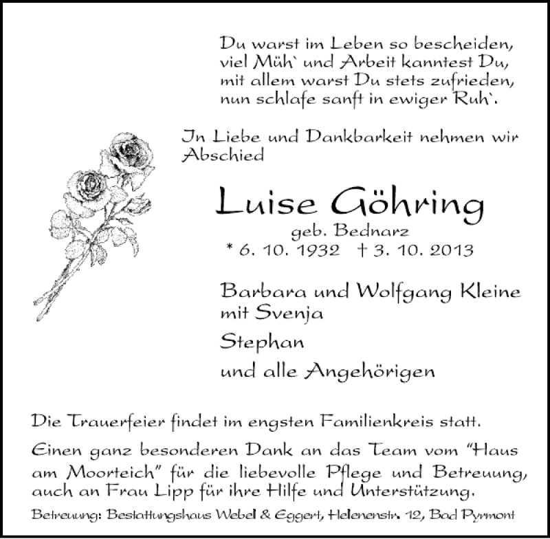 Traueranzeige für Luise Göhring vom 07.10.2013 aus Deister- und Weserzeitung