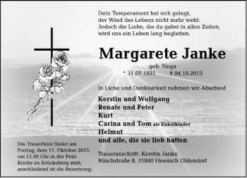 Traueranzeige von Magarete Janke von Deister- und Weserzeitung