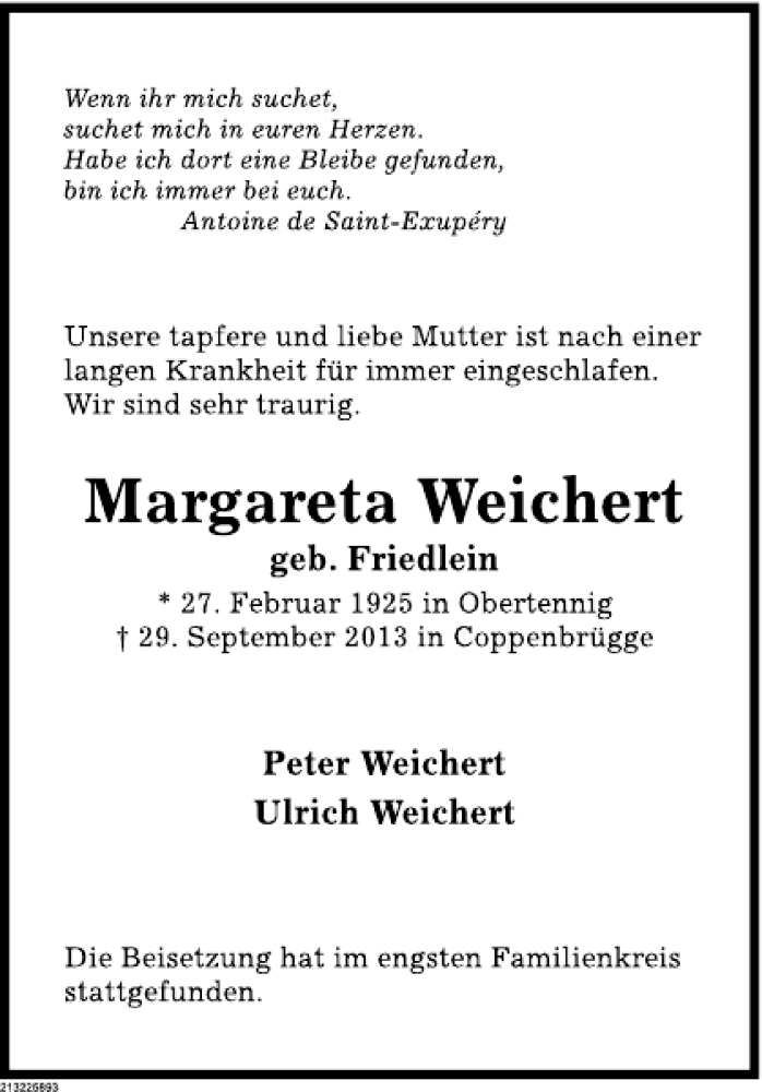  Traueranzeige für Margareta Weichert vom 12.10.2013 aus Deister- und Weserzeitung