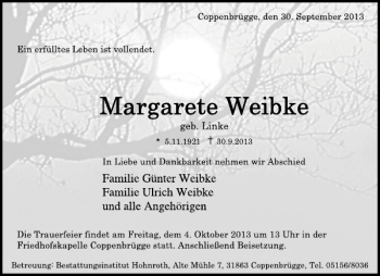 Traueranzeige von Margarete Weibke von Deister- und Weserzeitung