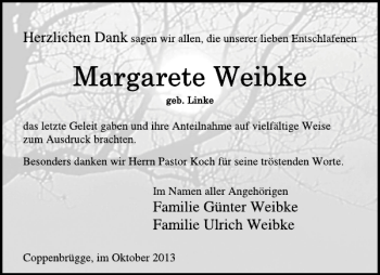 Traueranzeige von Margarete Weibke von Deister- und Weserzeitung
