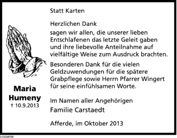 Traueranzeige von Maria Humeny von Deister- und Weserzeitung