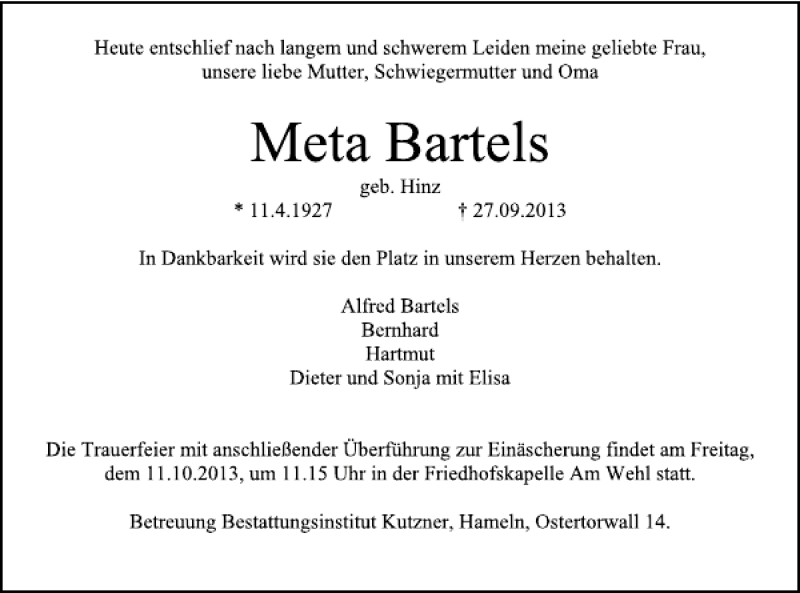  Traueranzeige für Meta Bartels vom 05.10.2013 aus Deister- und Weserzeitung