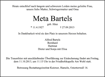 Traueranzeige von Meta Bartels von Deister- und Weserzeitung