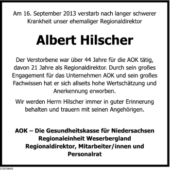 Traueranzeige von Nachruf Albert Hilscher von Deister- und Weserzeitung