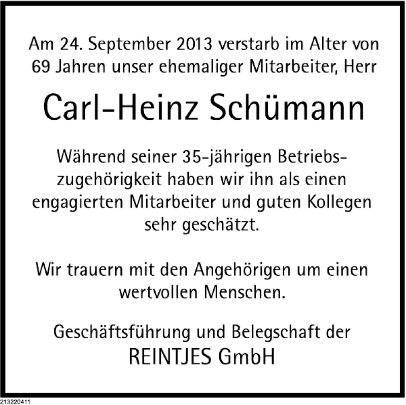  Traueranzeige für Nachruf Carl-Heinz Schümann vom 05.10.2013 aus Deister- und Weserzeitung