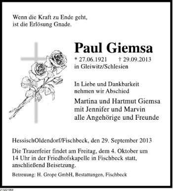 Traueranzeige von Paul Giemsa von Deister- und Weserzeitung