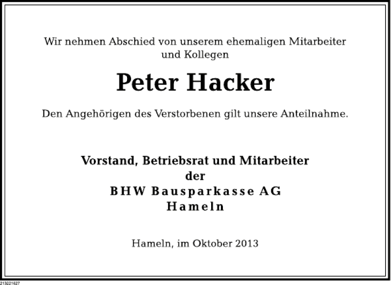  Traueranzeige für Peter Hacker vom 04.10.2013 aus Deister- und Weserzeitung