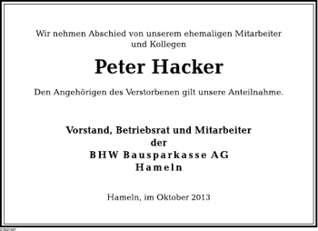 Traueranzeige von Peter Hacker von Deister- und Weserzeitung