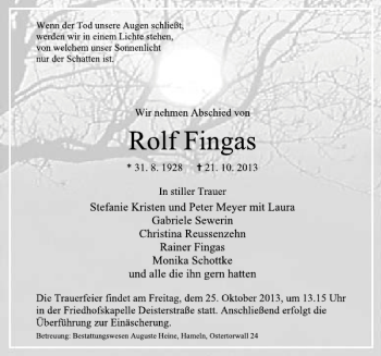Traueranzeige von Rolf Fingars von Deister- und Weserzeitung