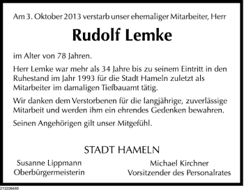 Traueranzeige von Rudolf Lemke von Deister- und Weserzeitung