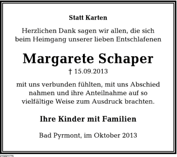 Traueranzeige von TDK Margarete Schaper von Deister- und Weserzeitung