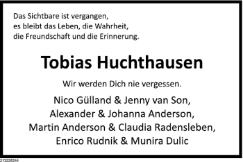 Traueranzeige von Tobias Huchthausen von Deister- und Weserzeitung