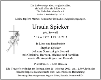 Traueranzeige von Ursula Spieker von Deister- und Weserzeitung