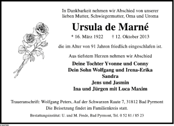 Traueranzeige von Ursula de Marn von Deister- und Weserzeitung