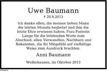 Traueranzeige von Uwe Baumann von Deister- und Weserzeitung