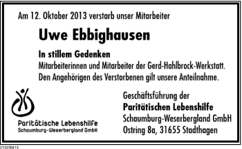 Traueranzeige von Uwe Ebbighausen von Deister- und Weserzeitung