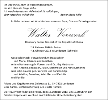 Traueranzeige von Walter Vorwerk von Deister- und Weserzeitung