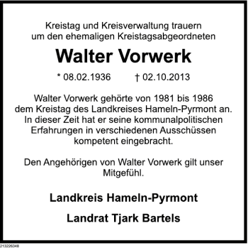 Traueranzeige von Walter Vorwerk von Deister- und Weserzeitung