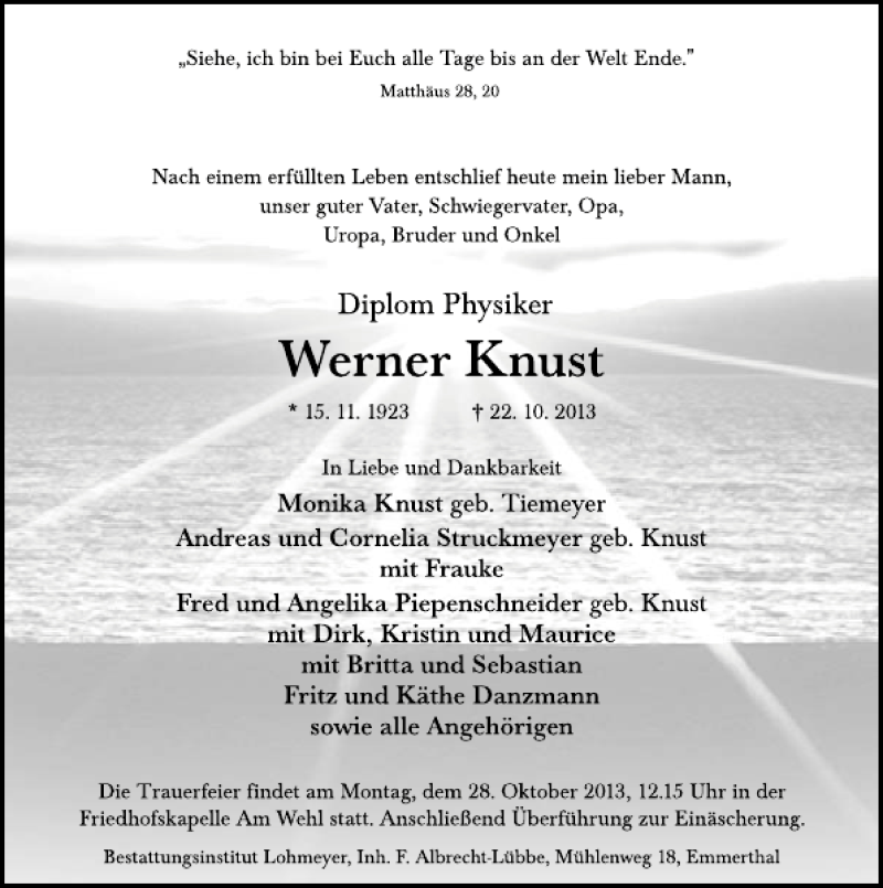  Traueranzeige für Werner Knust vom 24.10.2013 aus Deister- und Weserzeitung