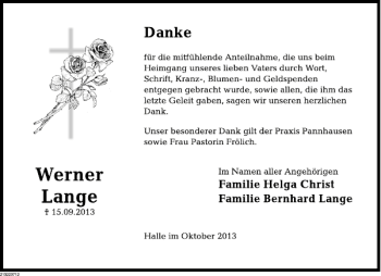 Traueranzeige von Werner Lange von Deister- und Weserzeitung