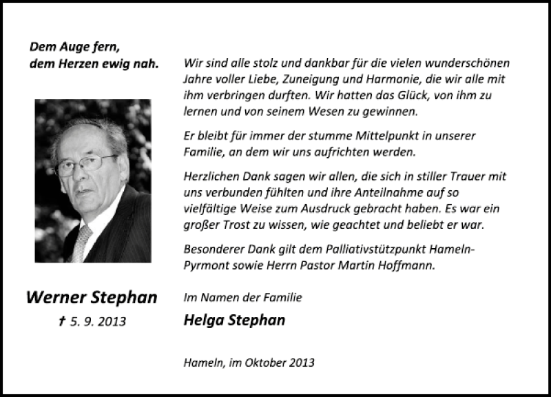  Traueranzeige für Werner Stephan vom 05.10.2013 aus Deister- und Weserzeitung