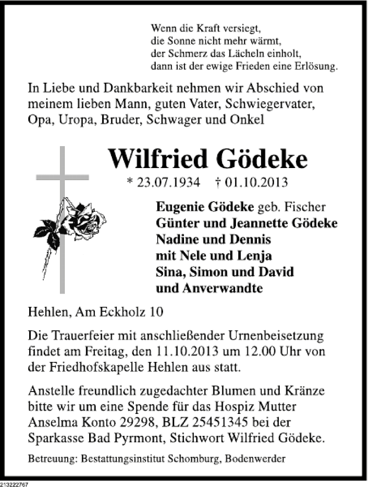  Traueranzeige für Wilfried Gödeke vom 05.10.2013 aus Deister- und Weserzeitung
