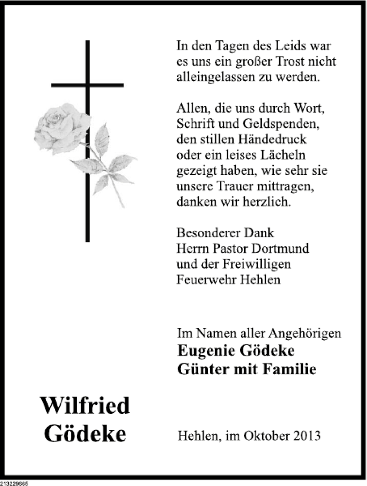  Traueranzeige für Wilfried Gödeke vom 26.10.2013 aus Deister- und Weserzeitung