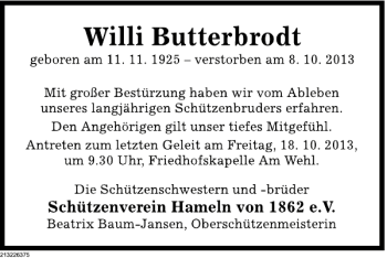 Traueranzeige von Willi Butterbrodt von Deister- und Weserzeitung