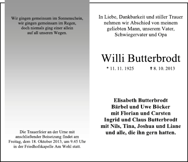  Traueranzeige für Willi Butterbrodt vom 12.10.2013 aus Deister- und Weserzeitung