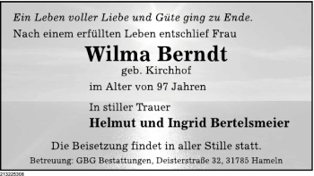 Traueranzeige von Wilma Berndt von Deister- und Weserzeitung