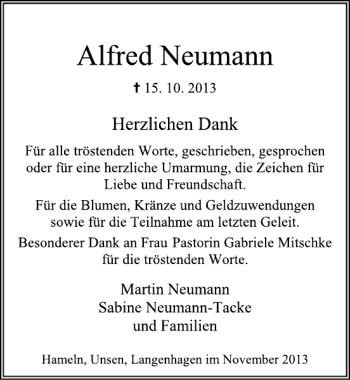 Traueranzeige von Alfred Neumann von Deister- und Weserzeitung