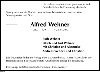 Traueranzeige von Alfred Wehner von Deister- und Weserzeitung