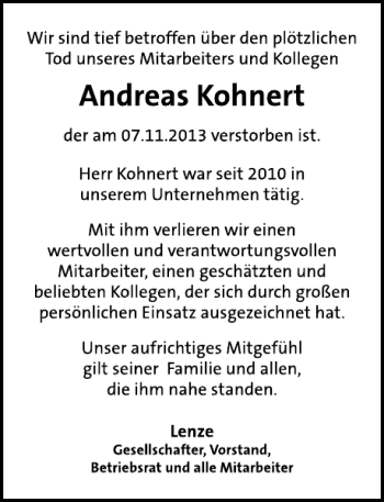 Traueranzeige von Andreas Kohnert von Deister- und Weserzeitung