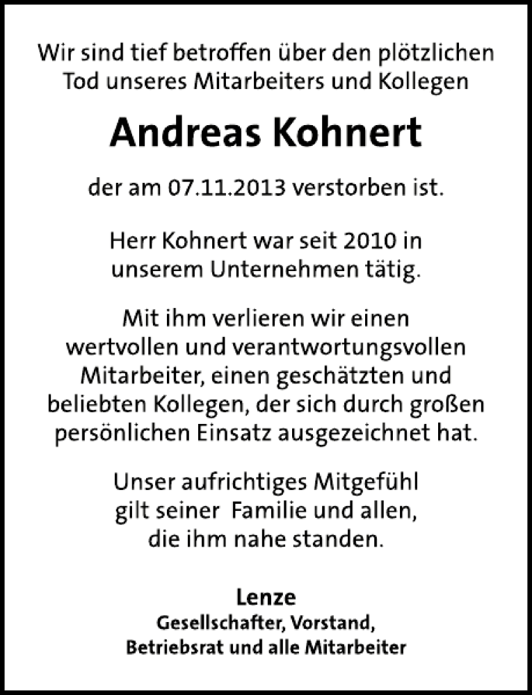  Traueranzeige für Andreas Kohnert vom 18.11.2013 aus Deister- und Weserzeitung