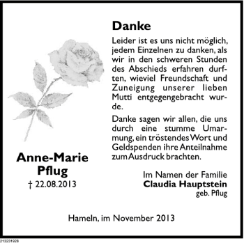 Traueranzeige von Anne-Marie Pflug von Deister- und Weserzeitung