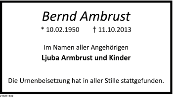 Traueranzeige von Bernd Armbrust von Deister- und Weserzeitung