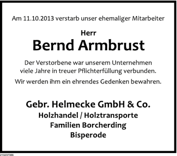 Traueranzeige von Bernd Armbrust von Deister- und Weserzeitung
