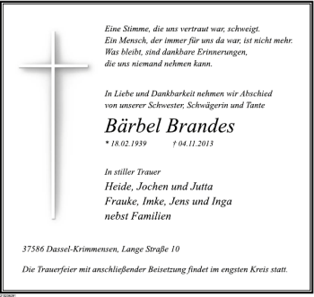 Traueranzeige von Bärbel Brandes von Deister- und Weserzeitung