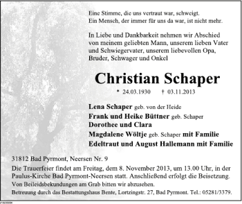Traueranzeige von Christian Schaper von Deister- und Weserzeitung