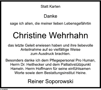 Traueranzeige von Christine Wehrhahn von Deister- und Weserzeitung