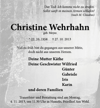 Traueranzeige von Christine Wehrhahn von Deister- und Weserzeitung