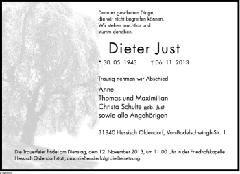 Traueranzeige von Dieter Just von Deister- und Weserzeitung