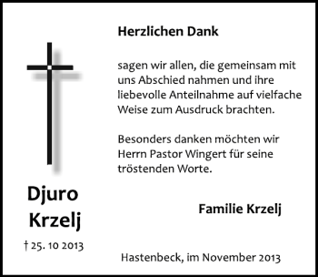 Traueranzeige von Djuro Krzelj von Deister- und Weserzeitung