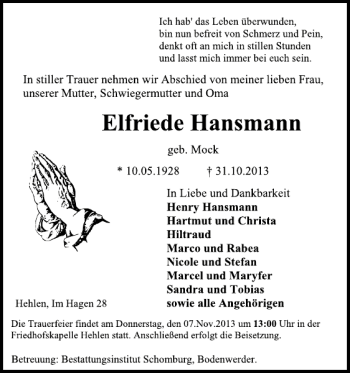 Traueranzeige von Elfriede Hansmann von Deister- und Weserzeitung