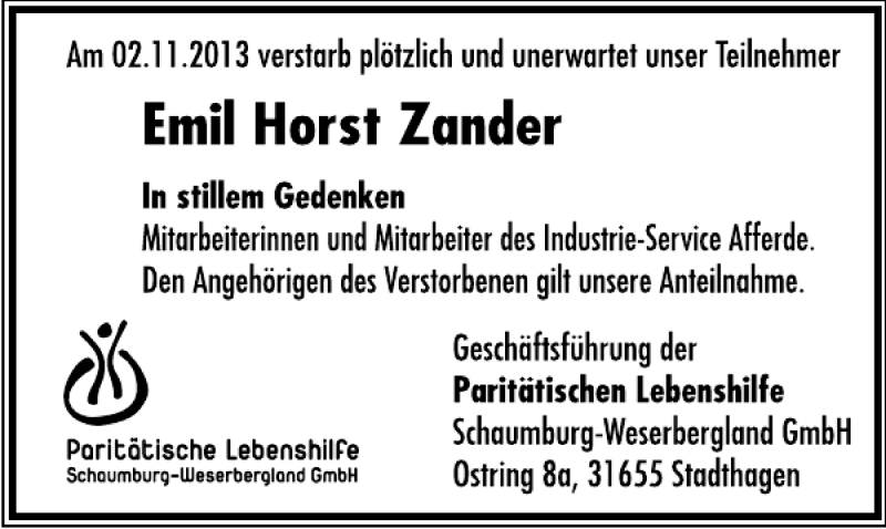  Traueranzeige für Emil Horst Zander vom 09.11.2013 aus Deister- und Weserzeitung