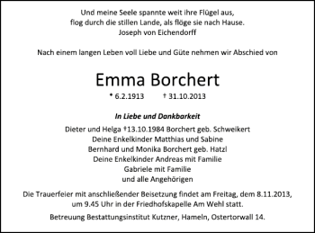 Traueranzeige von Emma Borchert von Deister- und Weserzeitung