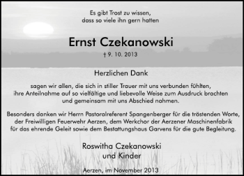 Traueranzeige von Ernst Czekanowski von Deister- und Weserzeitung