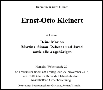Traueranzeige von Ernst-Otto-Kleinert  von Deister- und Weserzeitung