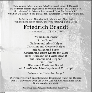 Traueranzeige von Firiedrich Brandt von Deister- und Weserzeitung